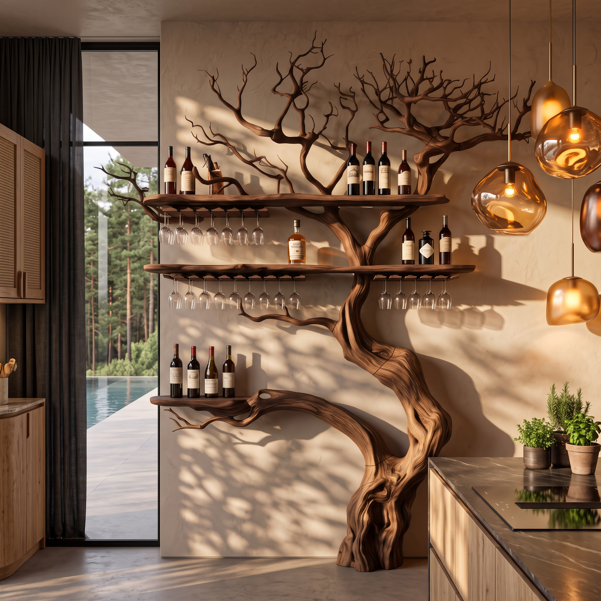 Farmhouse Wall Hanging Wine Rack With Rustic Tree Silhouette For Dining Room