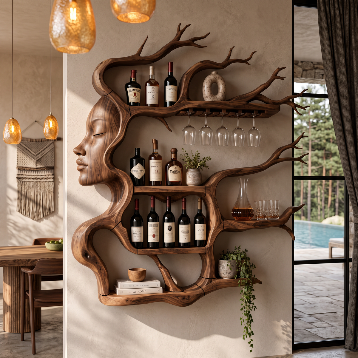 Contemporary Wall Mounted Wine Rack With Sculptural Face Tree Design For Dining Room