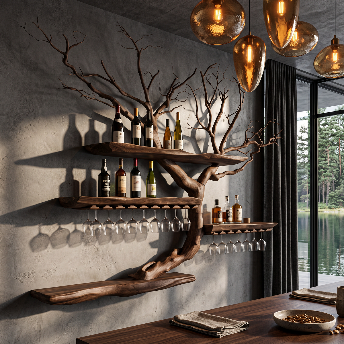 Organic Wine Storage Rack With Flowing Tree Limb Design For Dining Room