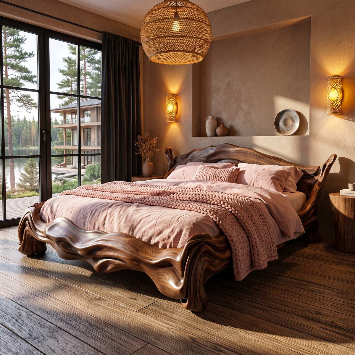 Contemporary King Bed Frame With Flowing Ripple Form For Bedroom