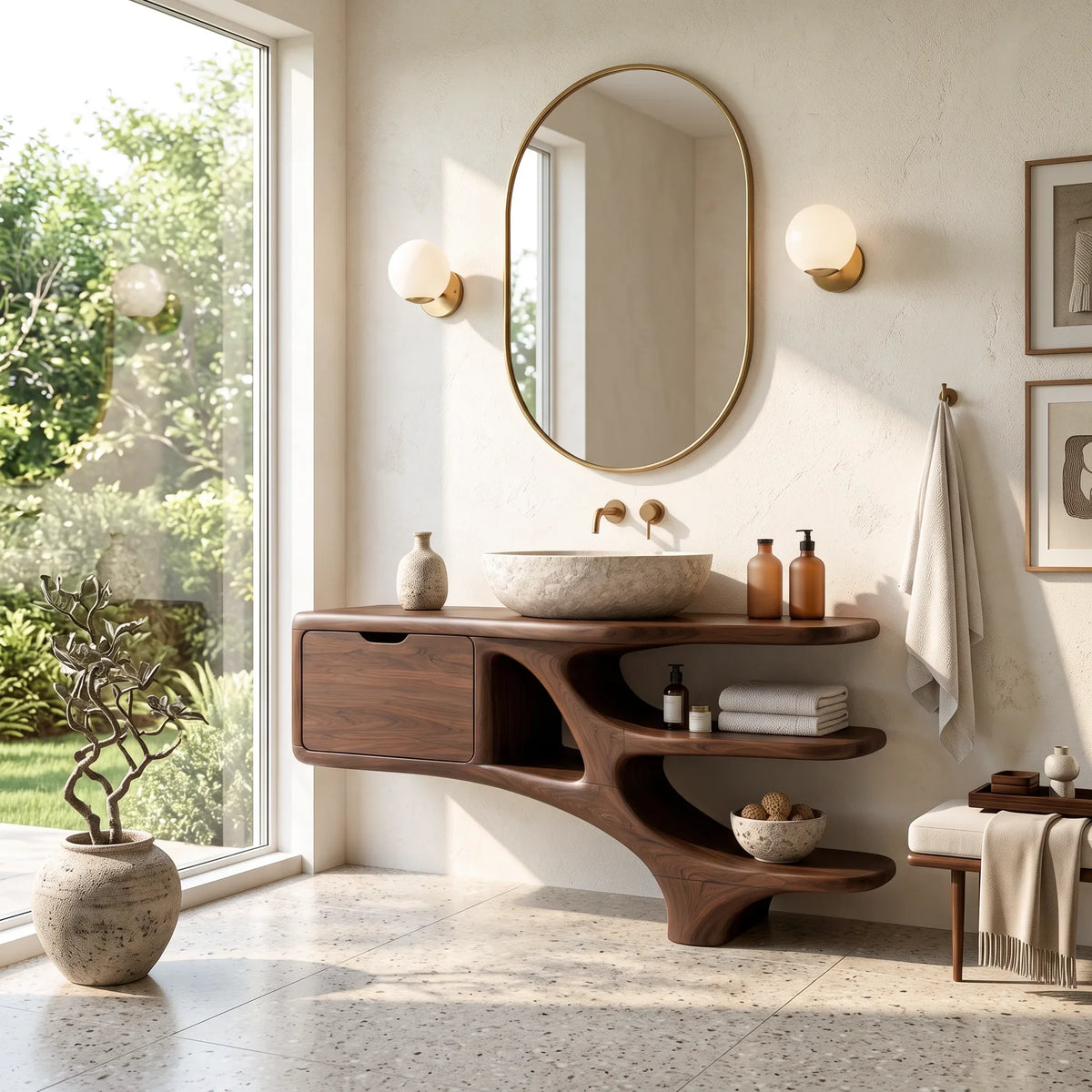 Contemporary Bathroom Vanity Curved Shelves With Cabinet For Modern Ensuite