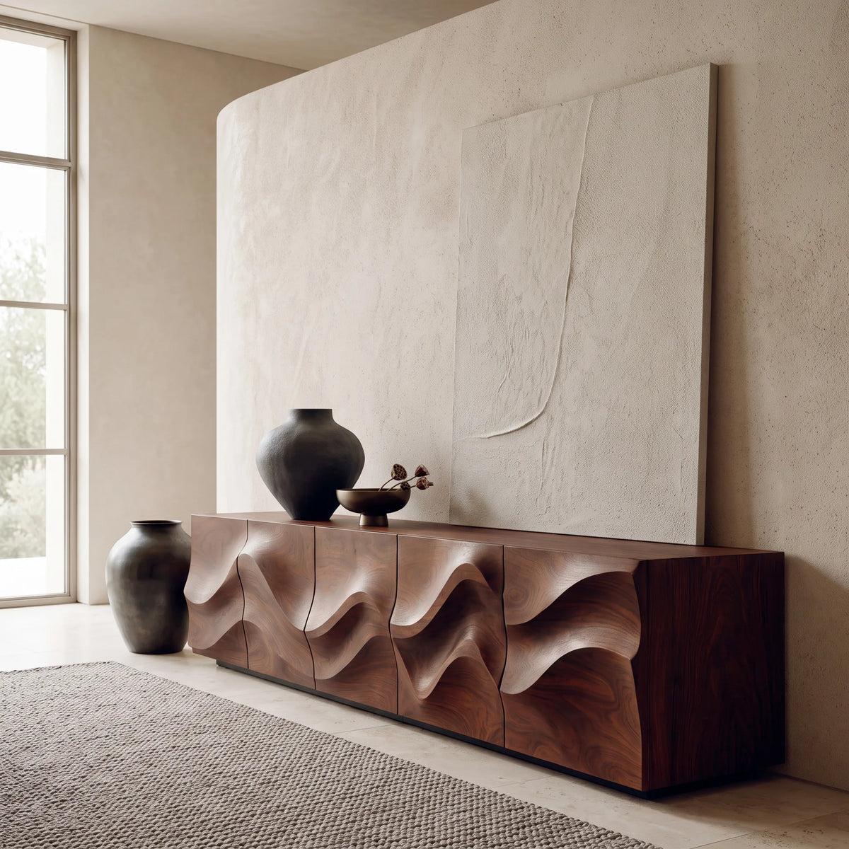 Modern Sculptural Relief Sideboard For Hallway