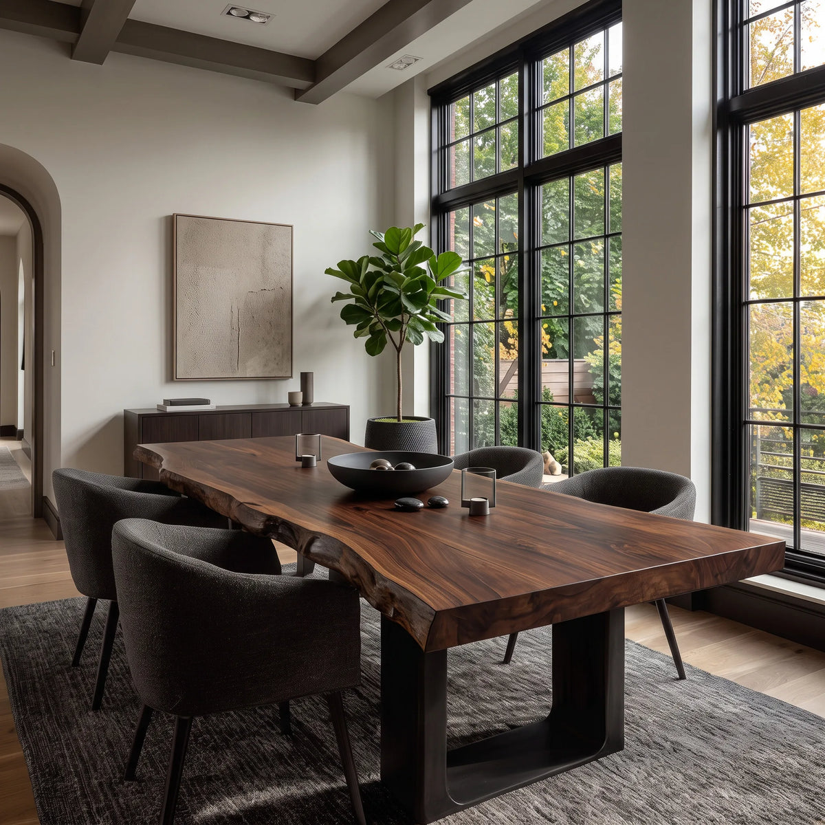 Rustic Natural Wood Dining Table U-Shaped Base For Dining Room
