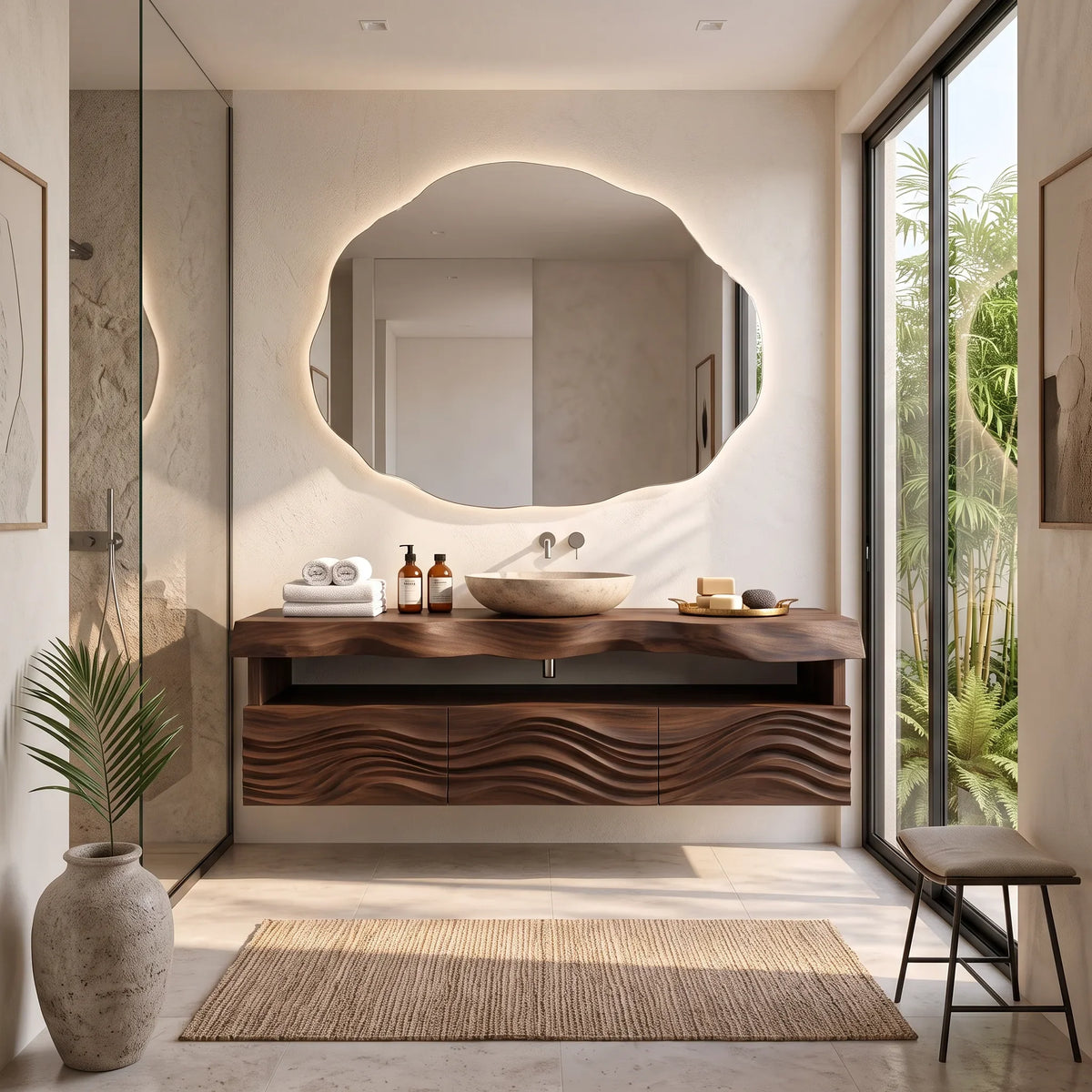Contemporary Wall Mounted Bathroom Vanity Wave Carved Drawers For Ensuite