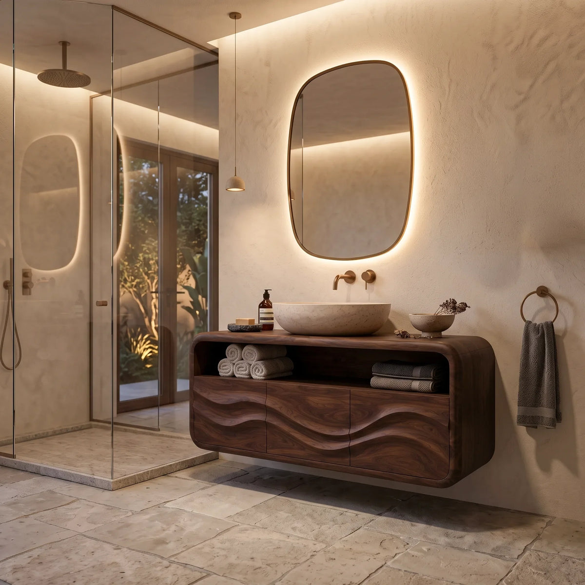 Organic Modern Floating Bathroom Vanity Rounded Cabinet For Spa Bathroom