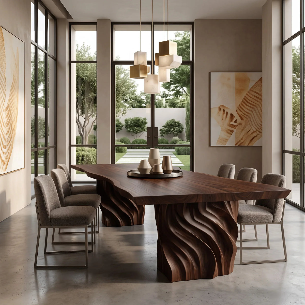 Luxury Natural Wood Dining Table Carved Pedestal For Dining Room