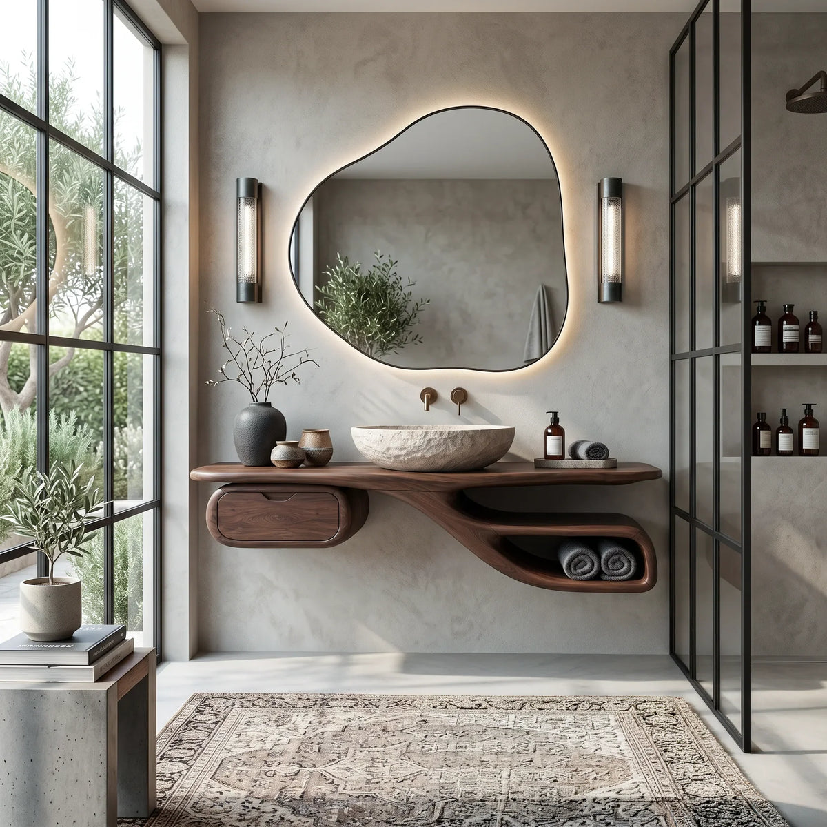 Transitional Floating Bathroom Vanity Curved Storage For Modern Bathroom