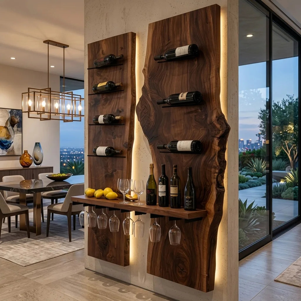 Modern Double Panel Wine Rack With Glass Holder For Home Bar