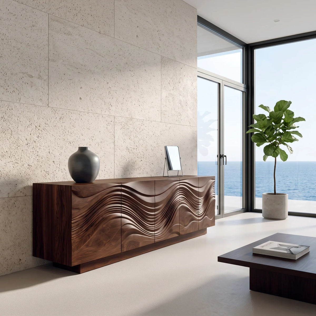 Contemporary Wave Carved Sideboard For Dining Area