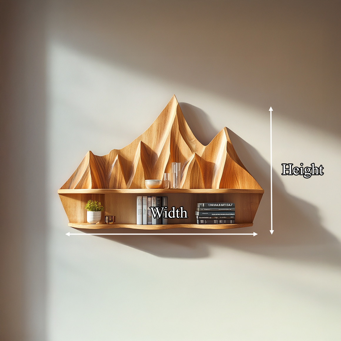 Rustic Floating Shelf With Sculptural Mountain Relief For Bedroom