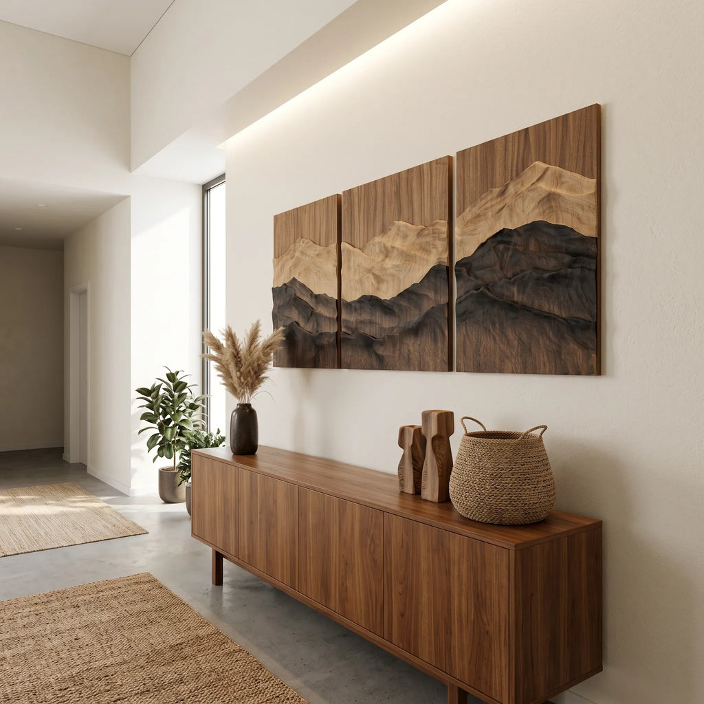 Mid Century Mountain Wood Wall Art Living Room