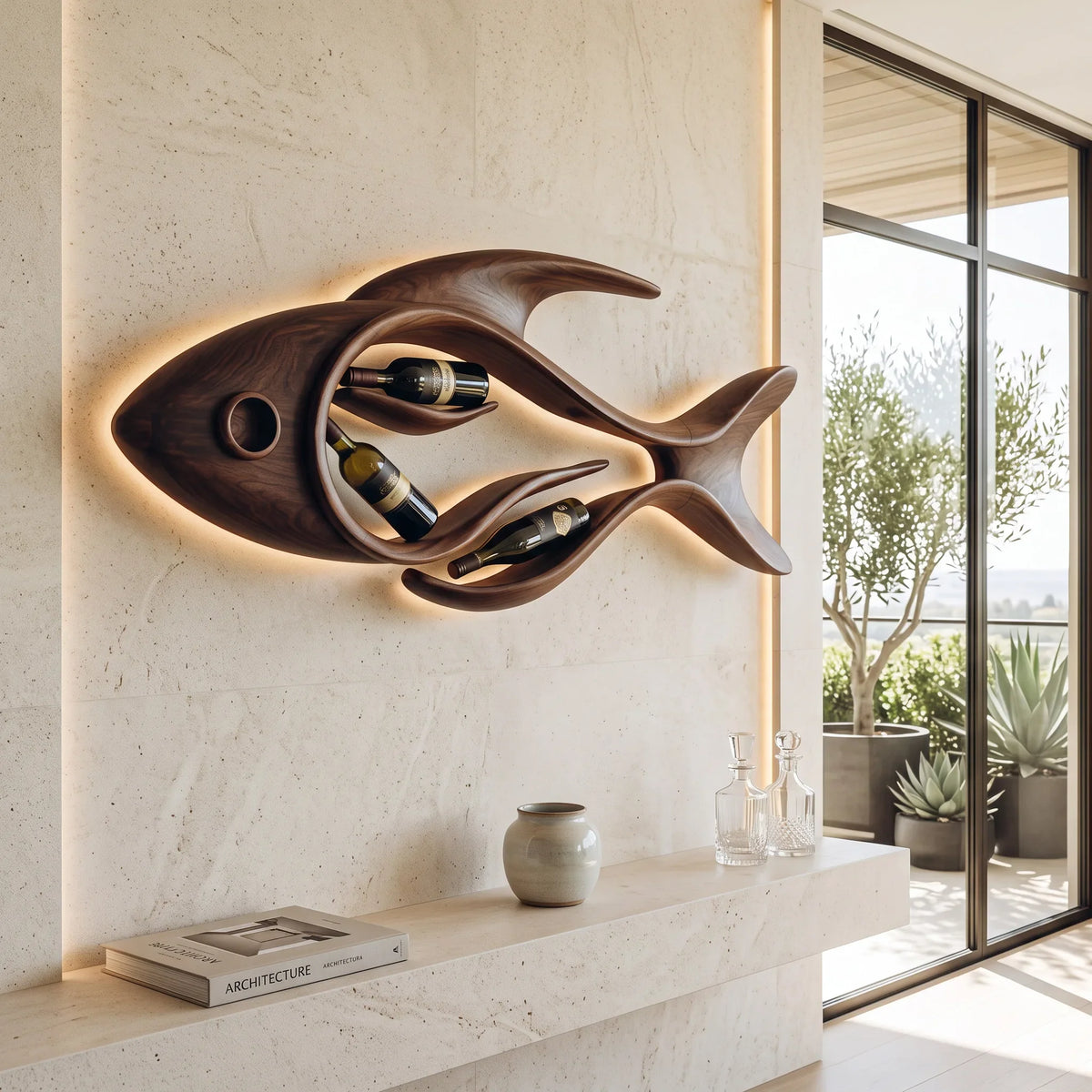 Contemporary Sculptural Fish Wine Rack For Home Bar