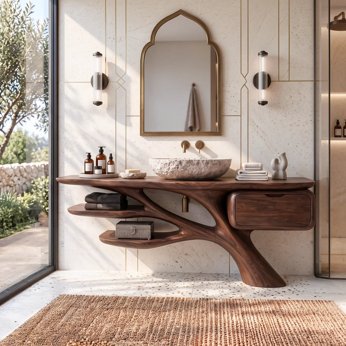 Biophilic Bathroom Vanity Branch Shelves For Luxury Bathroom