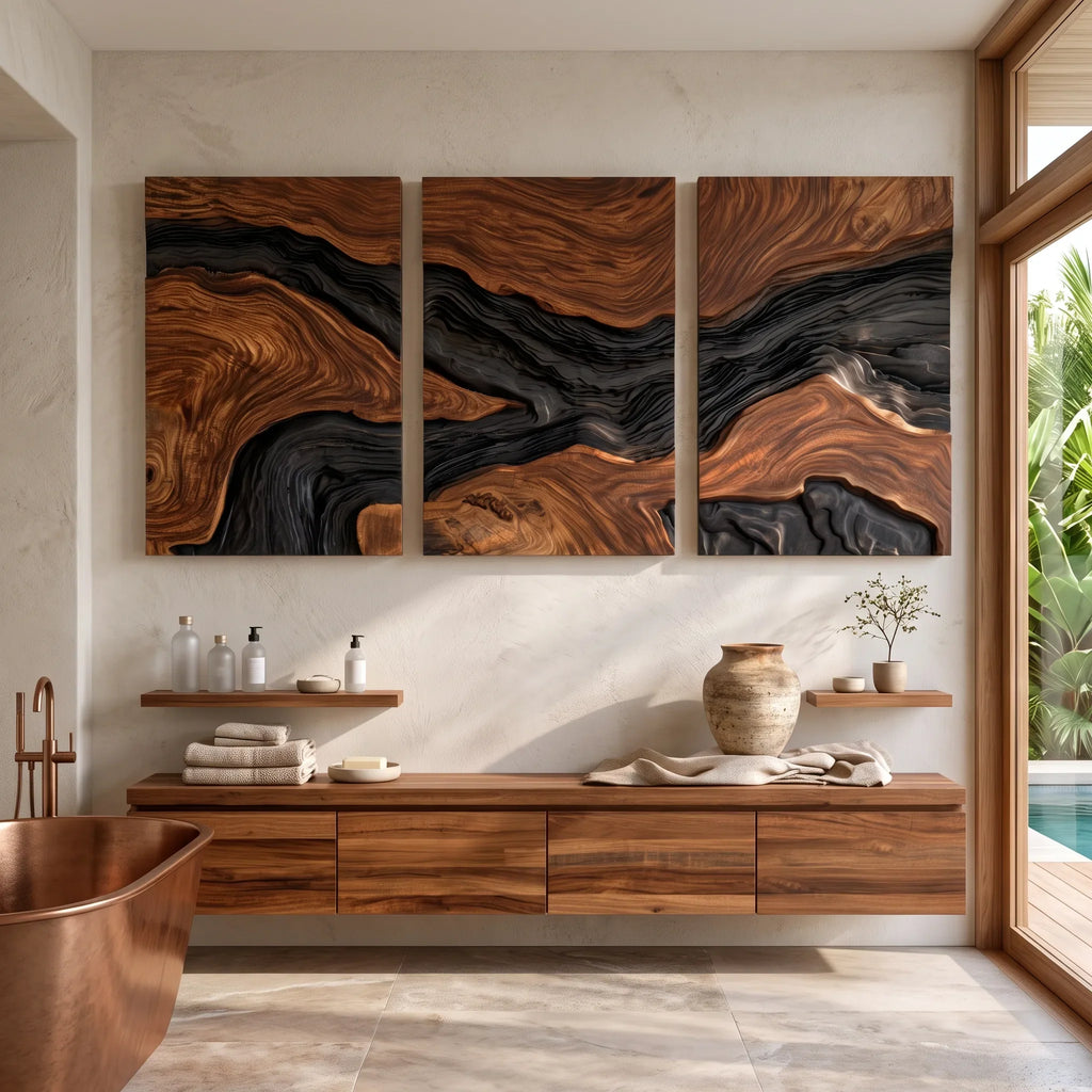Handcrafted Mountain River Triptych Wall Art Modern Entryway