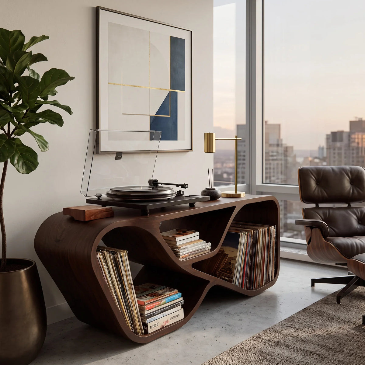 Organic Record Player Cabinet With Curved Shelving For Living Room