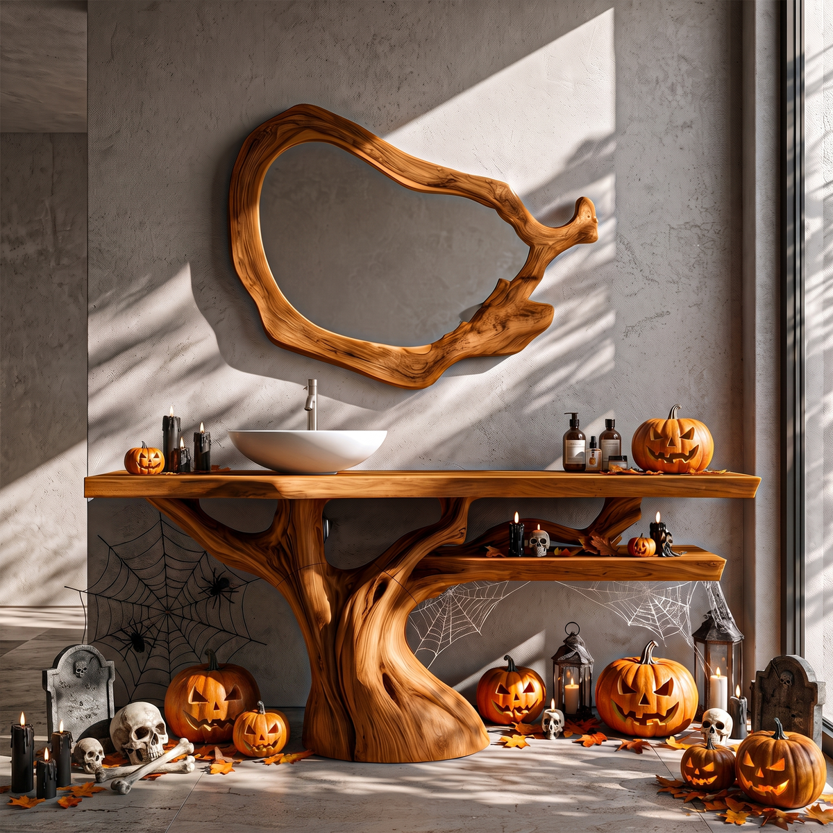 Natural Halloween Solid Wood Bathroom Vanity With Flowing Tree Form For Bathroom