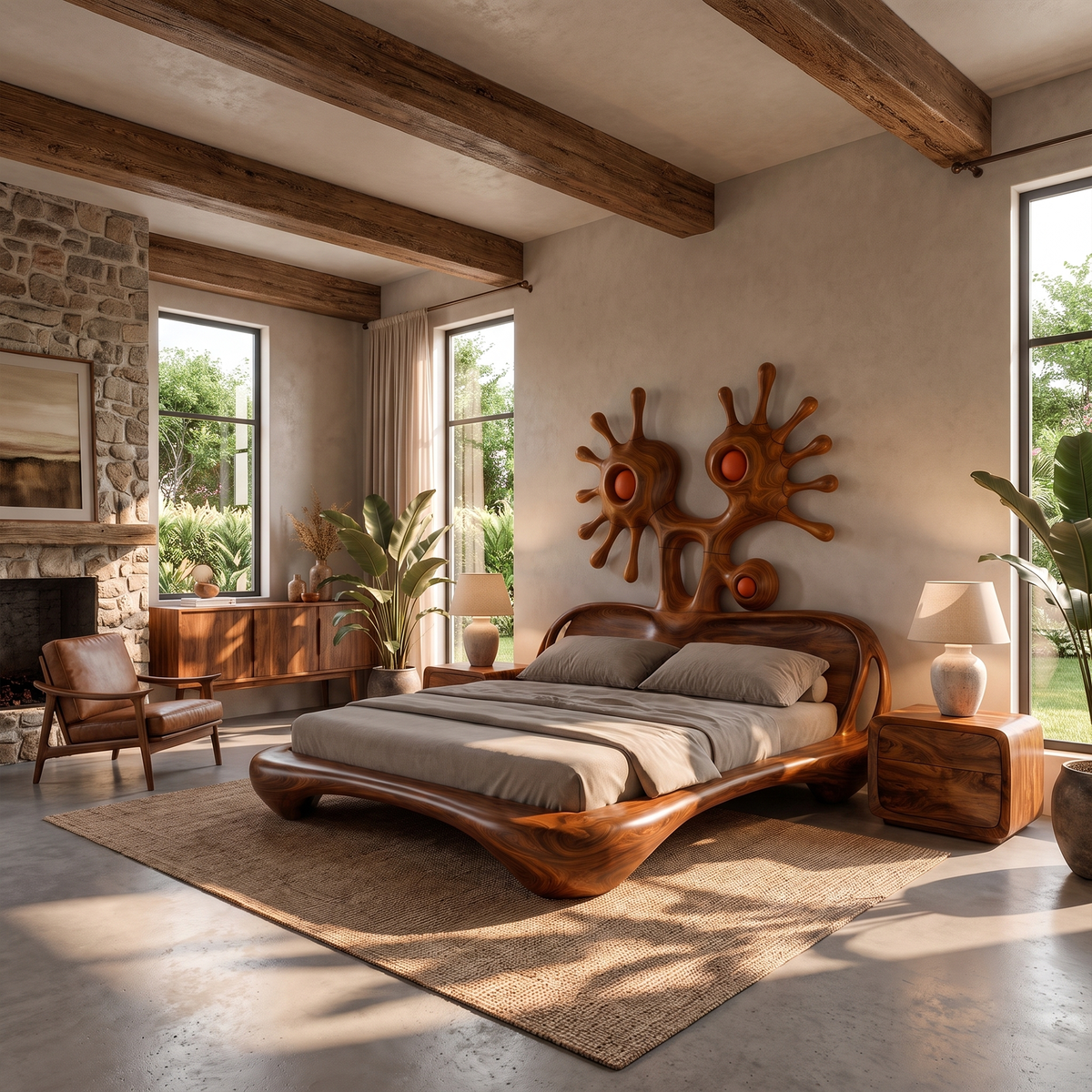 Modern Bed Frame With Sculptural Abstract Headboard For Bedroom
