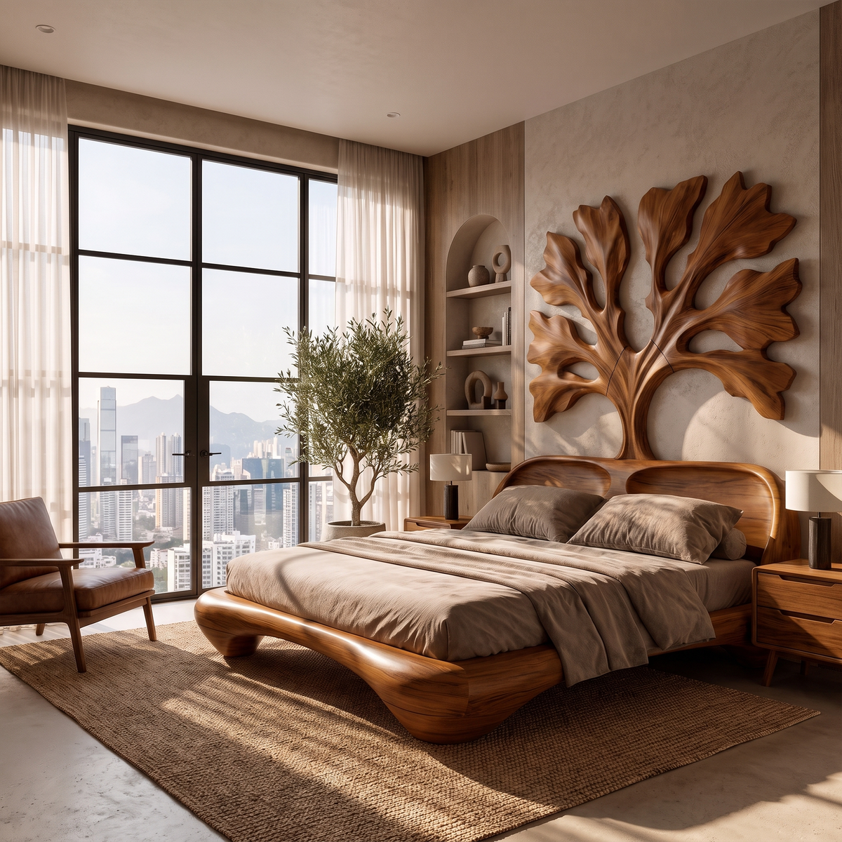 Organic Wooden Bed Frame With Artistic Tree Silhouette Headboard For Bedroom