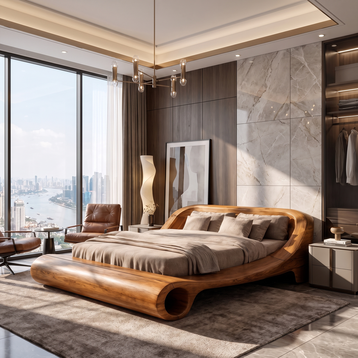 Contemporary Queen Bed Frame With Sculptural Rounded Frame For Bedroom