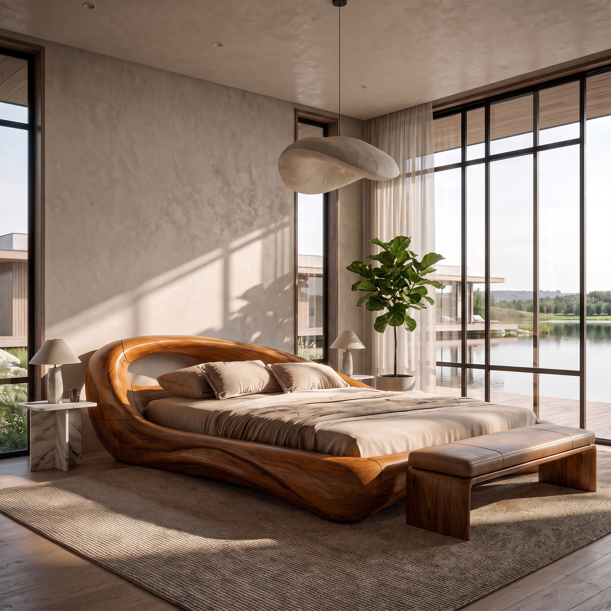 Modern King Bed Frame With Flowing Curved Headboard For Bedroom