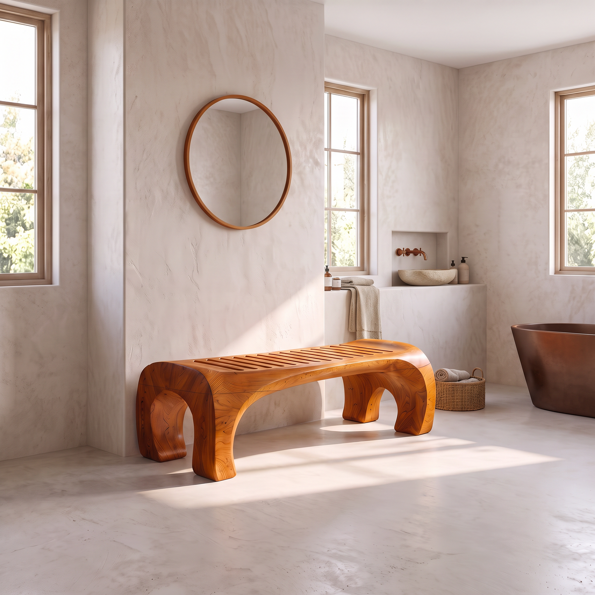 Japandi Bath Bench With Slatted Seat And Balanced Minimal Form