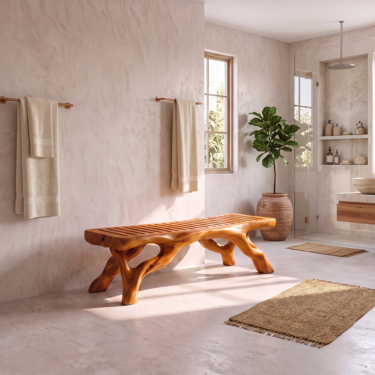 Organic Bathroom Bench With Branch Inspired Sculptural Legs For Bathroom