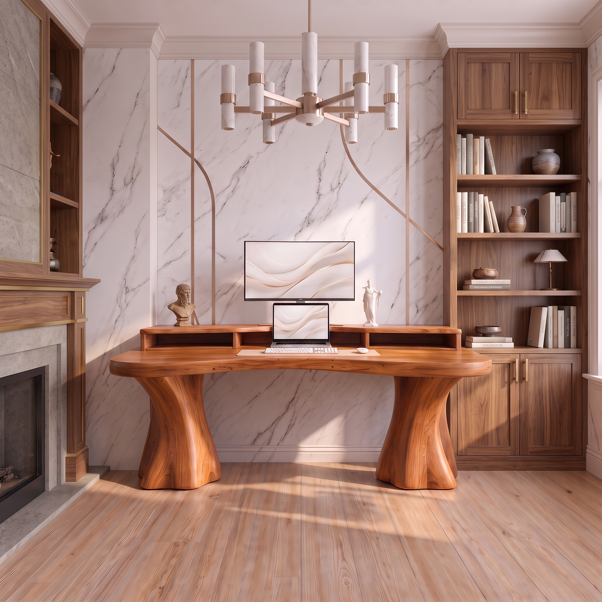 Rustic Solid Wood Desk With Tree Trunk Inspired Legs For Home Office