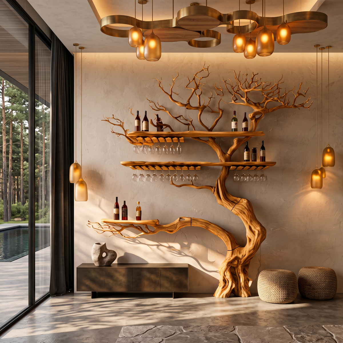 Farmhouse Wall Hanging Wine Rack With Rustic Tree Silhouette For Dining Room