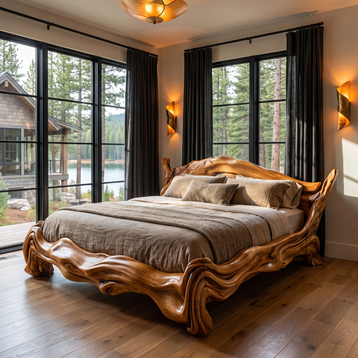 Contemporary King Bed Frame With Flowing Ripple Form For Bedroom