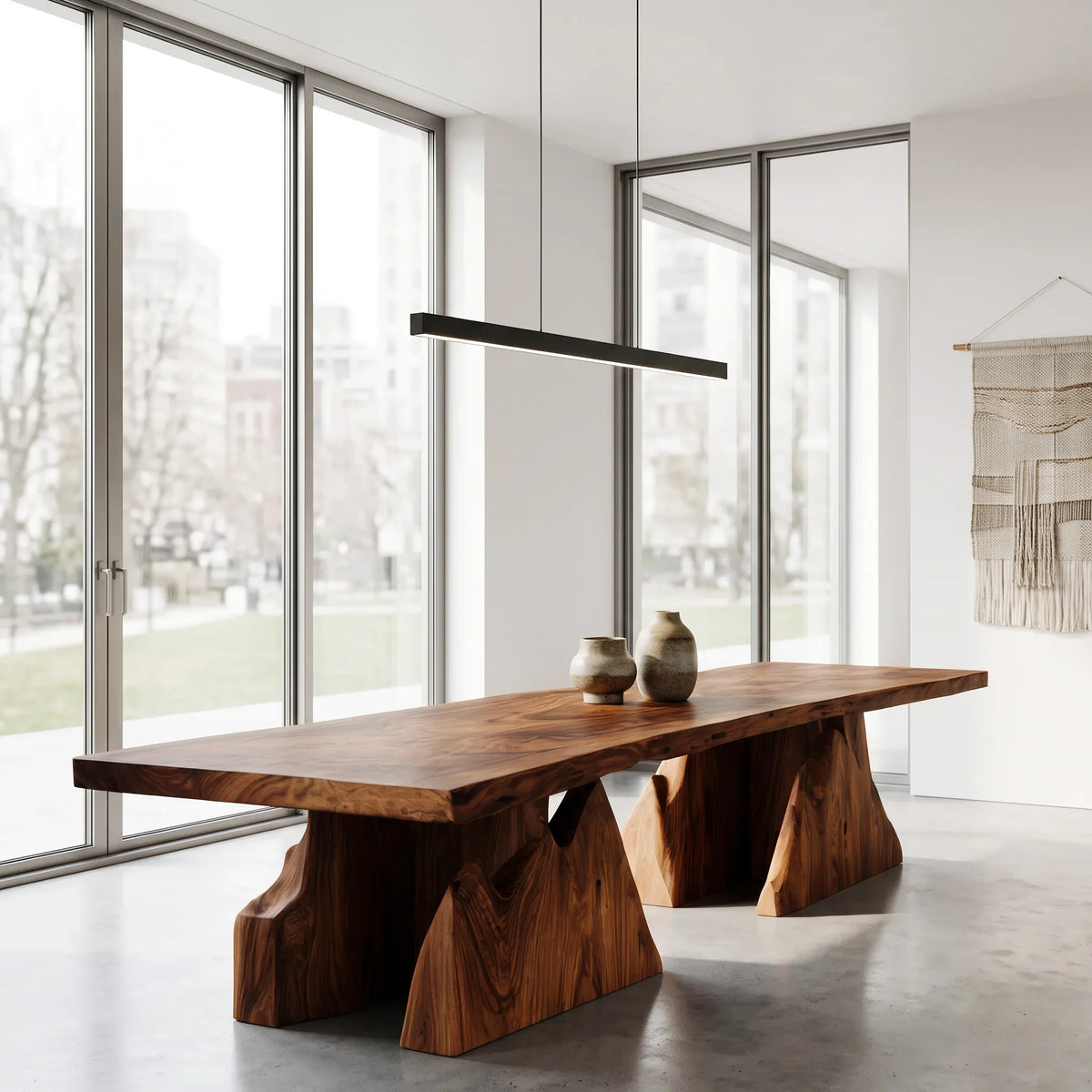 Modern Natural Wood Dining Table Geometric Pedestal For Dining Room