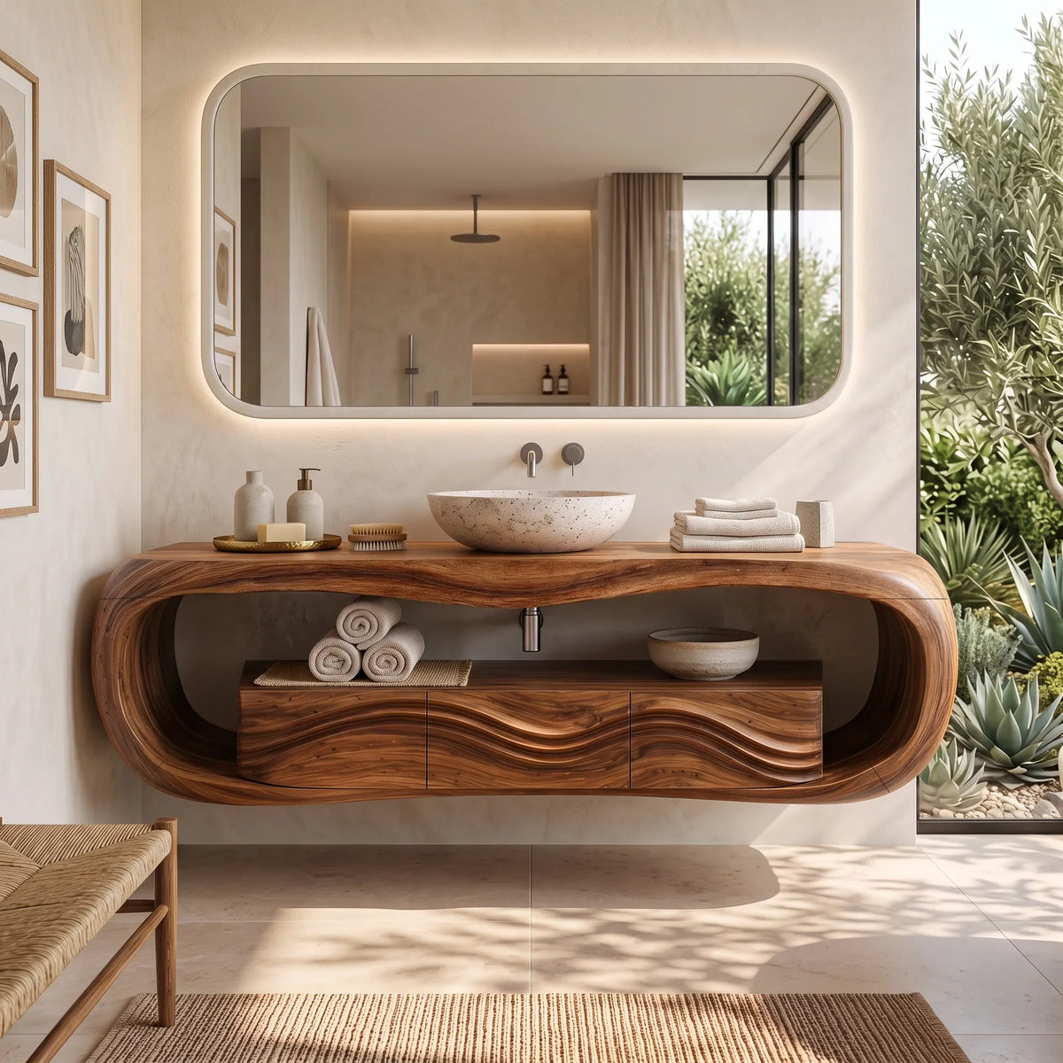 Sculptural Wall Mounted Bathroom Vanity Curved Shelves For Luxury Bathroom
