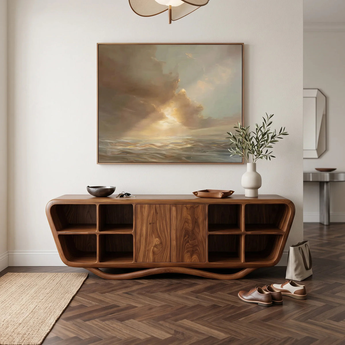 Contemporary Curved Open Shelf Sideboard For Entryway