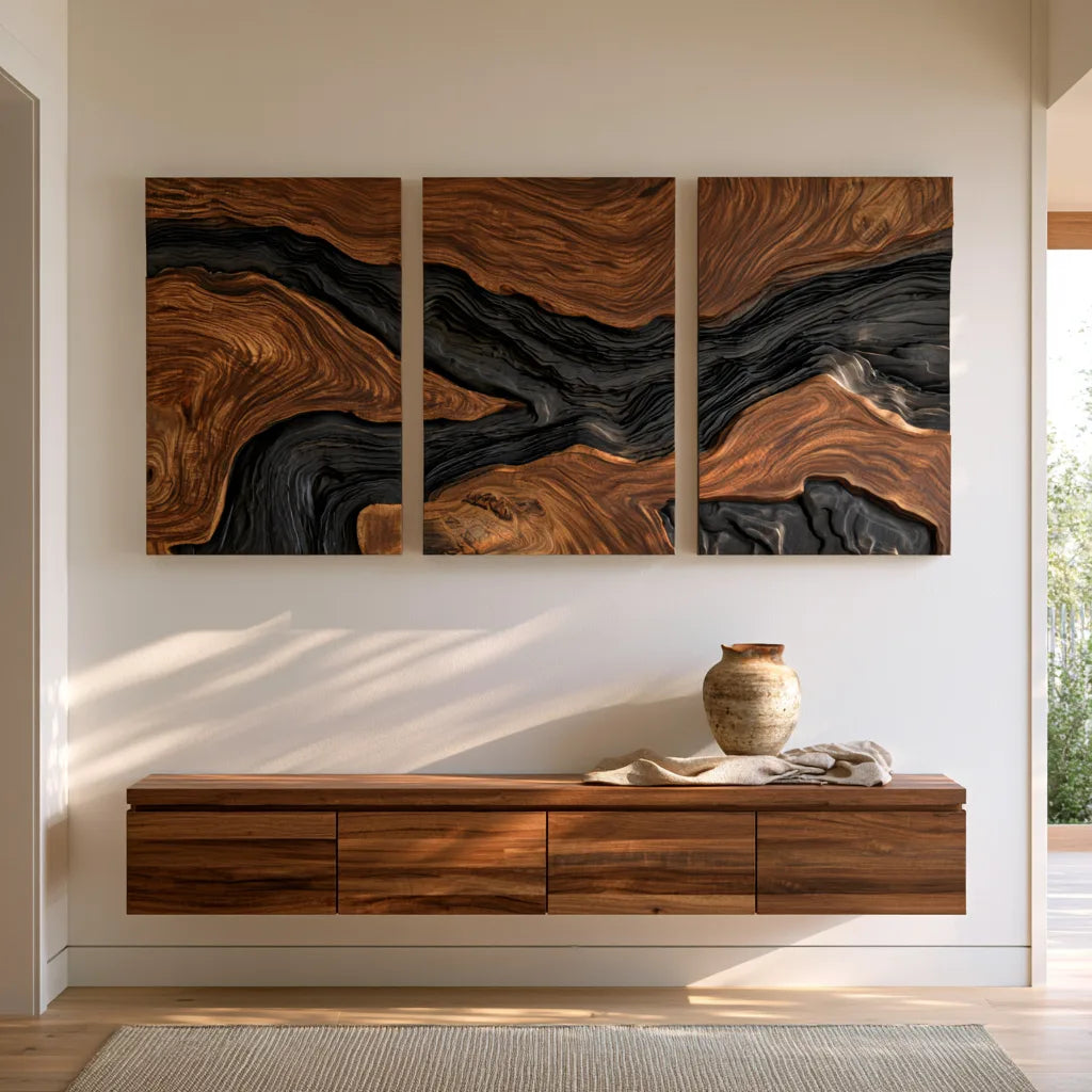 Handcrafted Mountain River Triptych Wall Art Modern Entryway