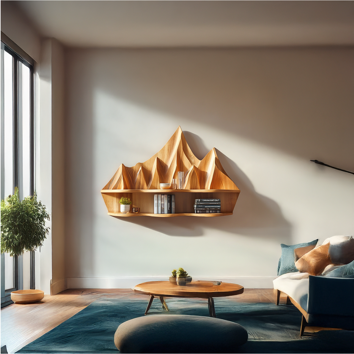 Rustic Floating Shelf With Sculptural Mountain Relief For Bedroom