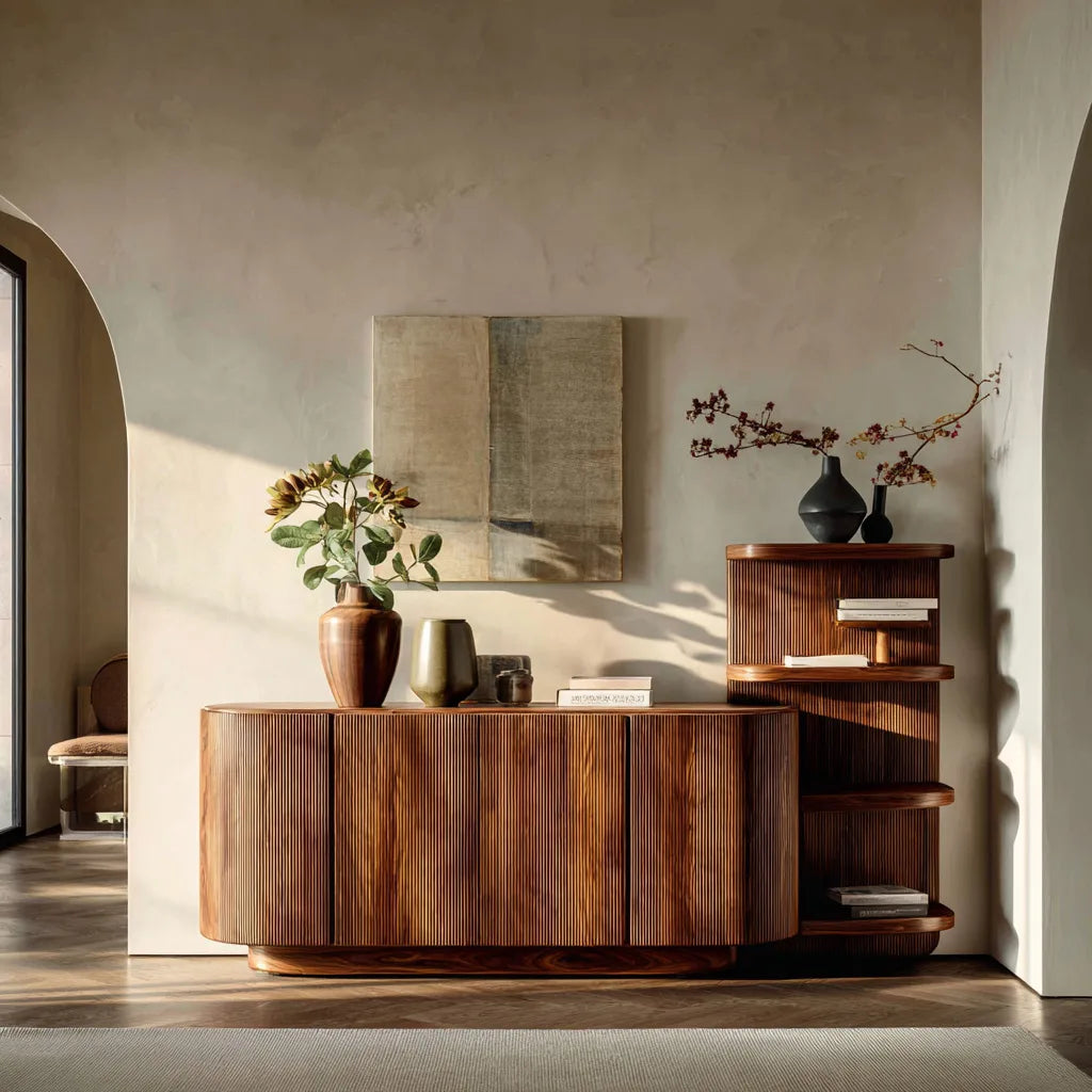 Contemporary Fluted Sideboard With Shelves For Living Room