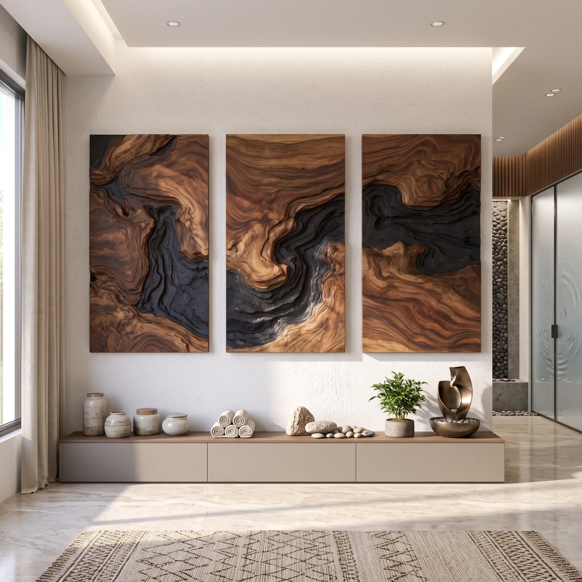 Modern Layered Wave Triptych Wood Wall Art Living Room