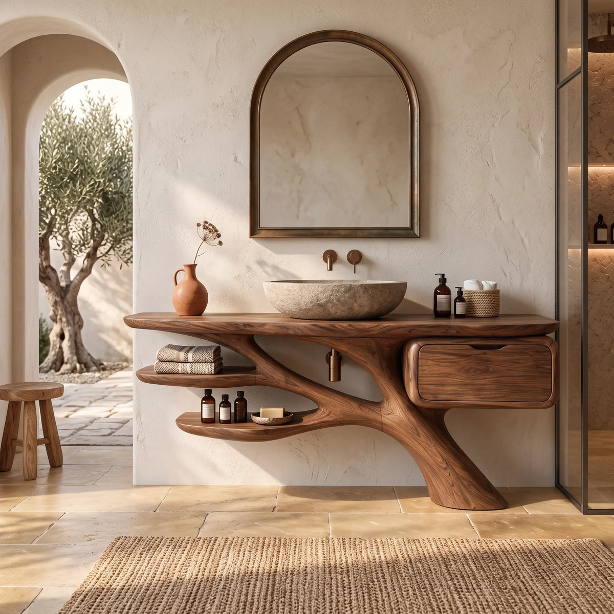 Biophilic Bathroom Vanity Branch Shelves For Luxury Bathroom