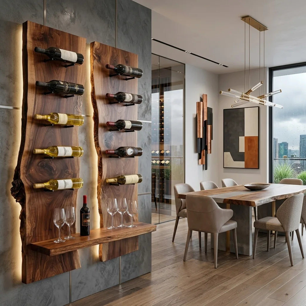 Contemporary Live Edge Wine Rack With Display Shelf For Dining Room