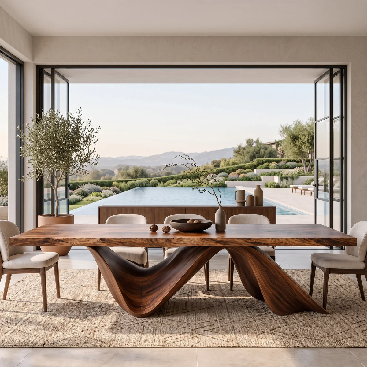 Luxury Natural Wood Dining Table Wave Base For Dining Room