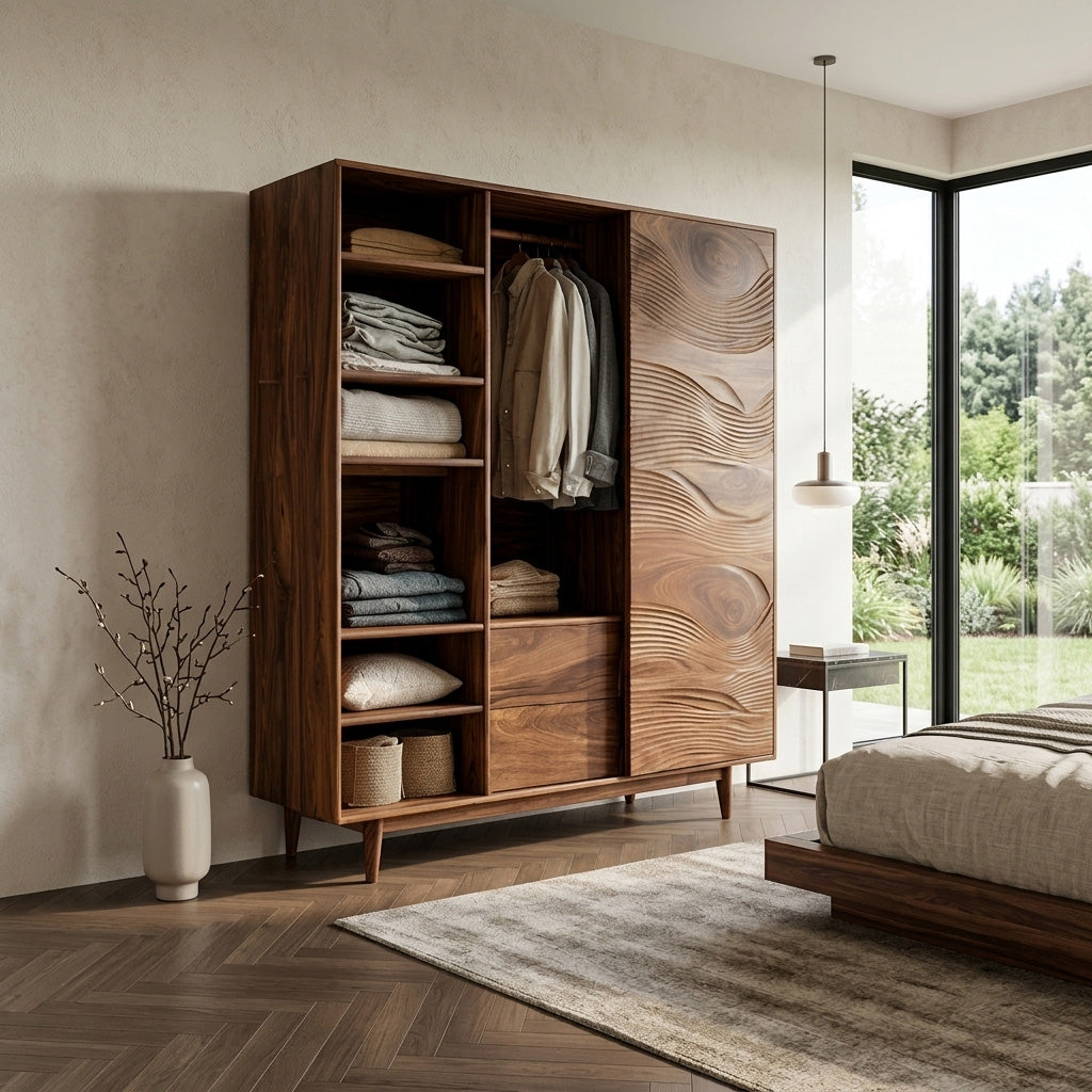 Minimal Wardrobe With Carved Front For Bedroom Space