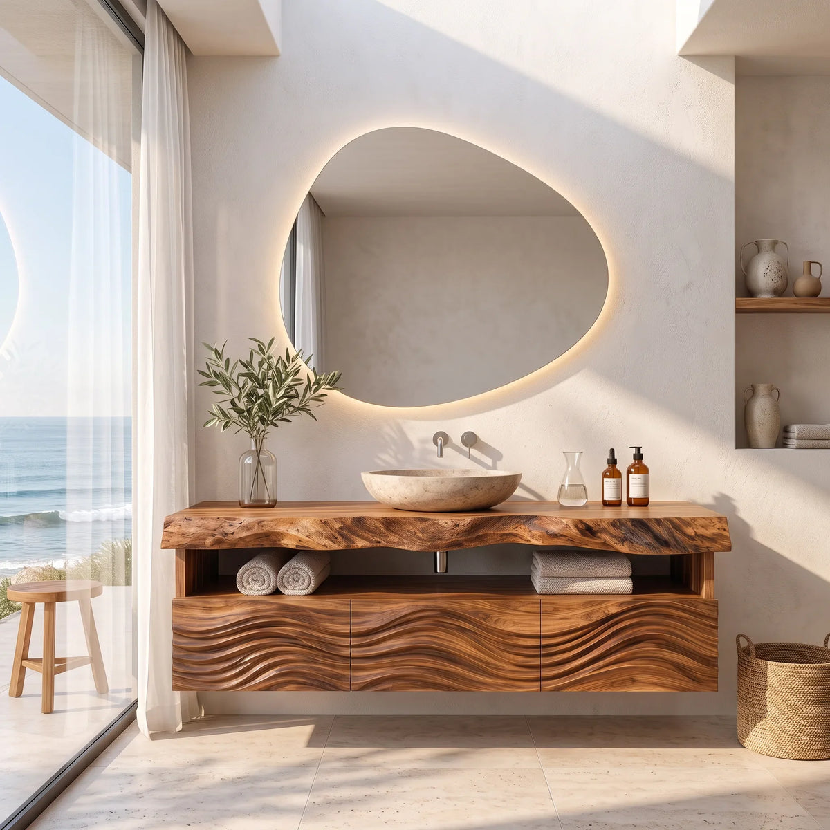 Contemporary Wall Mounted Bathroom Vanity Wave Carved Drawers For Ensuite