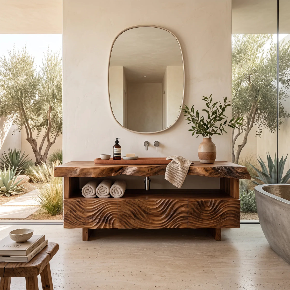 Luxury Bathroom Vanity Wave Carved Drawers For Modern Spa