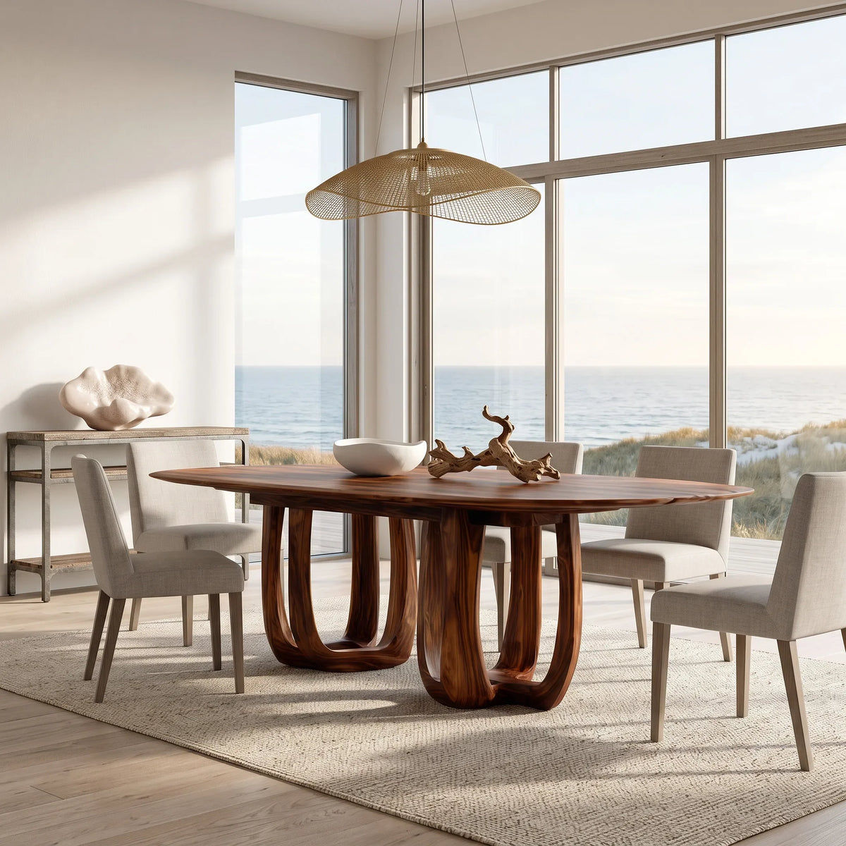 Modern Natural Wood Dining Table Double Loop Base For Dining Room