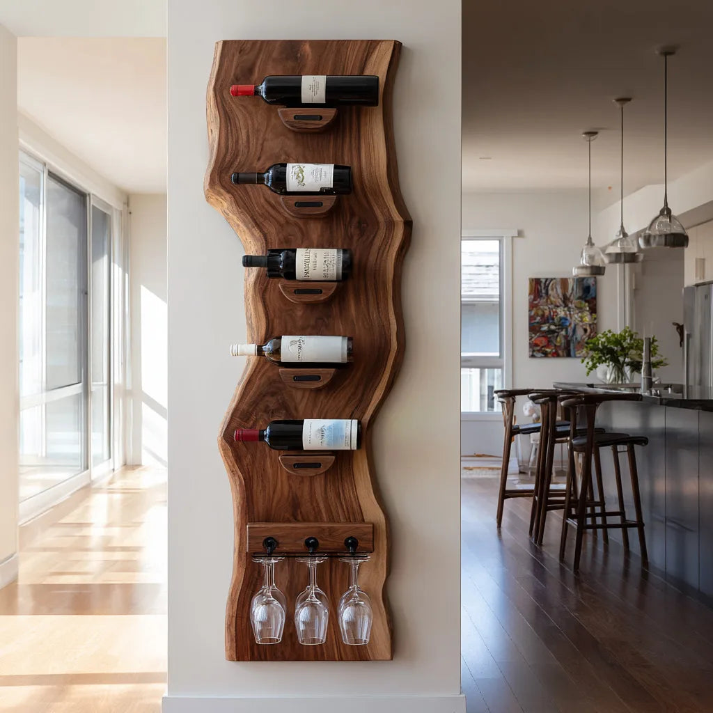 Contemporary Live Edge Wine Rack With Glass Holder For Dining Room