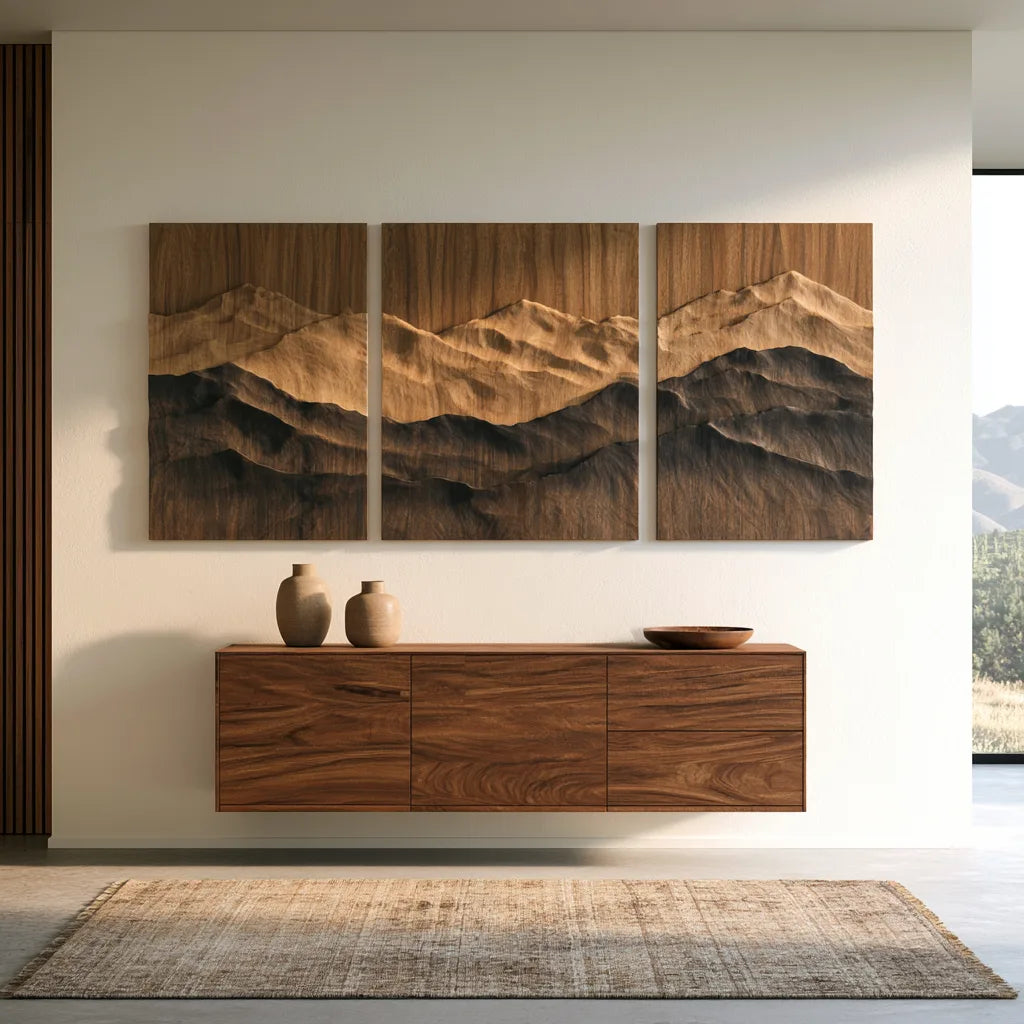 Mid Century Mountain Wood Wall Art Living Room
