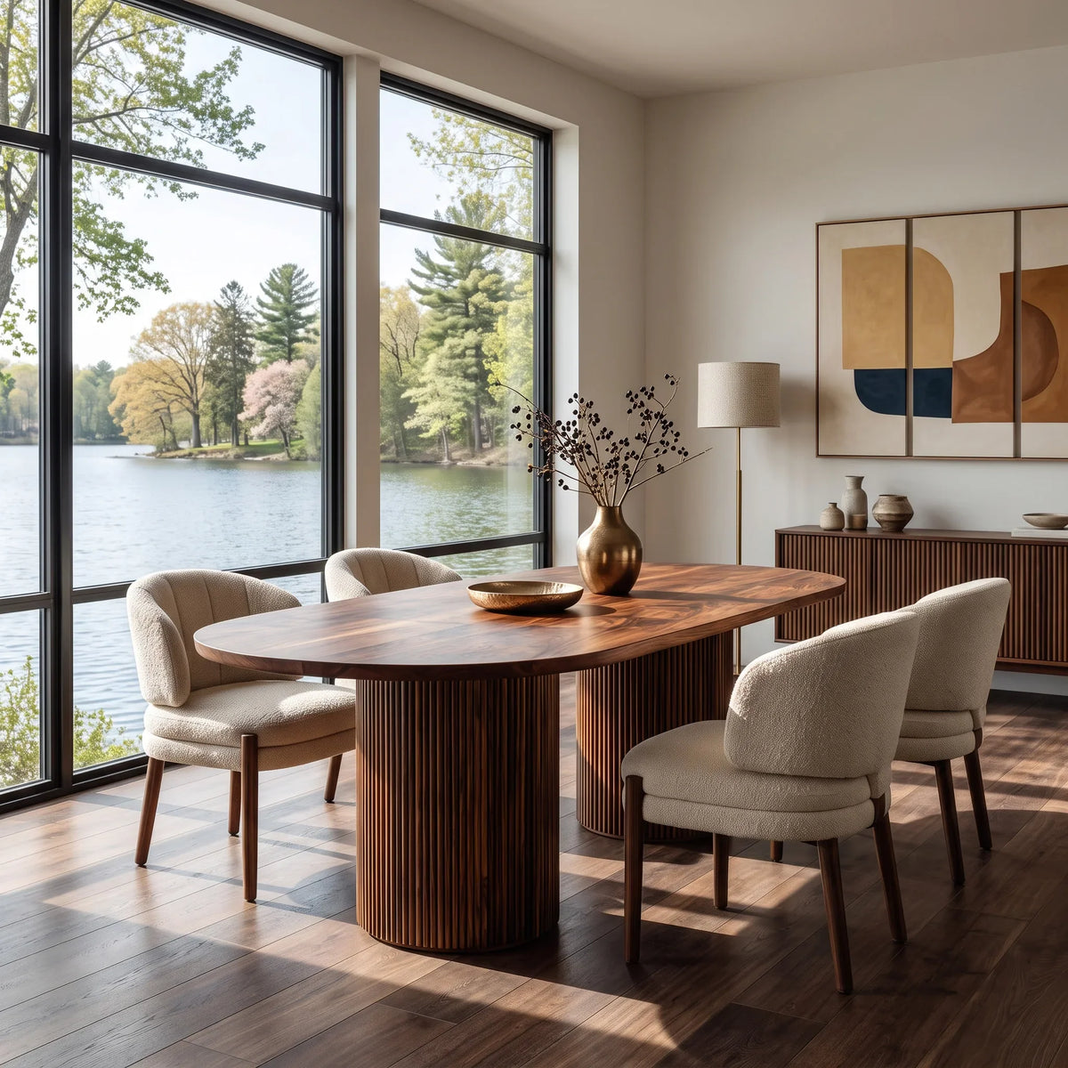 Contemporary Natural Wood Dining Table Fluted Pedestal For Dining Room