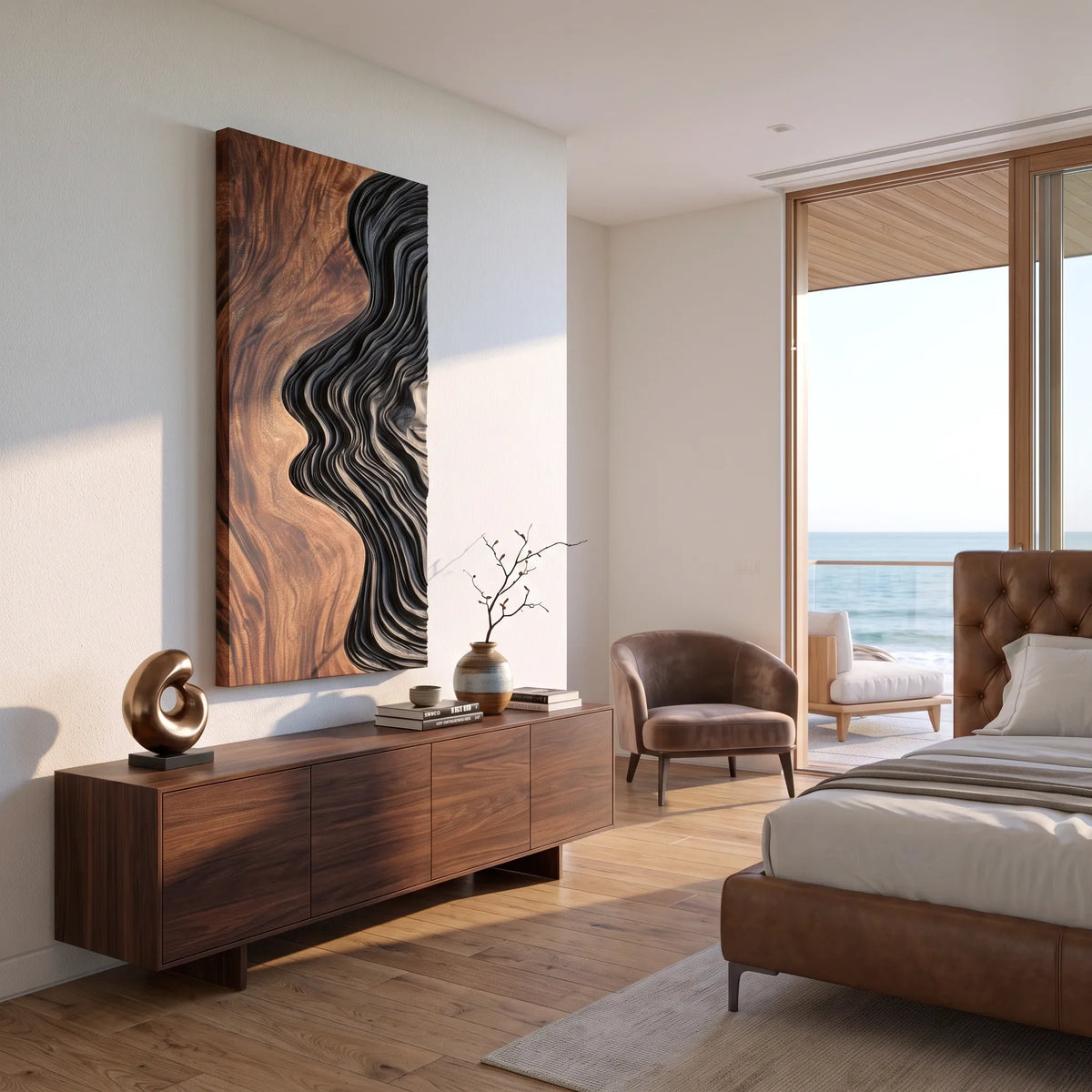 Japandi Flowing Wave Wooden Wall Sculpture Modern Foyer