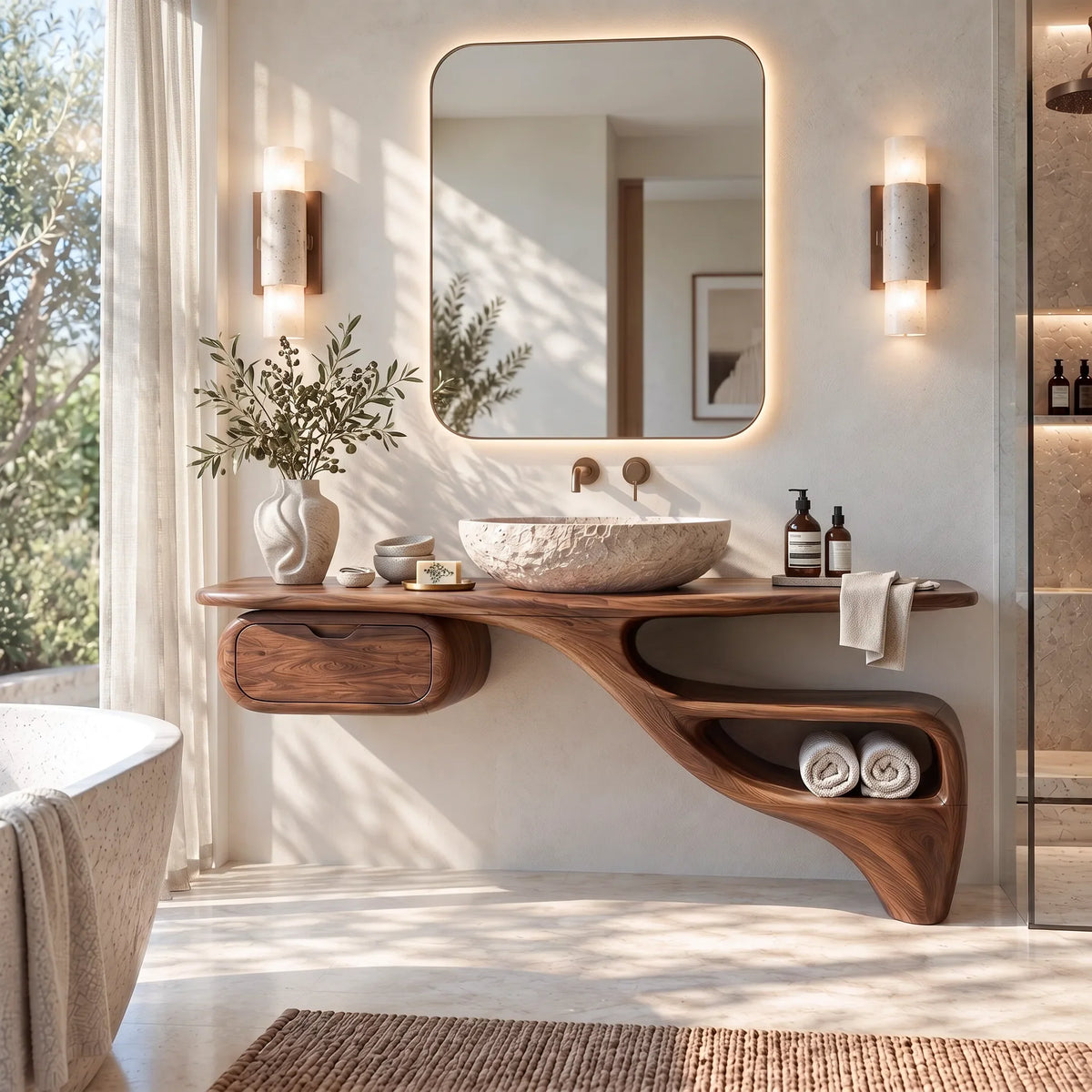 Sculptural Bathroom Vanity Flowing Shelves With Storage For Luxury Bathroom