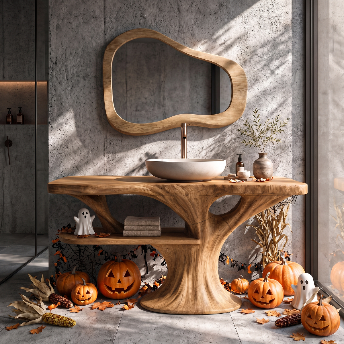 Modern Halloween Wooden Bathroom Vanity With Lower Storage Shelf For Bathroom