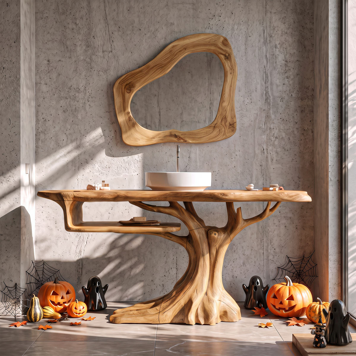 Rustic Halloween Wooden Bathroom Vanity With Branch Inspired Frame For Bathroom